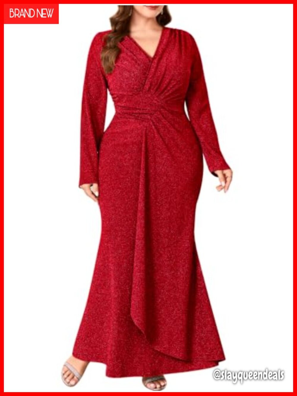 Plus Size Sparkly Metallic Ruched Mermaid Evening Gown Long Sleeve Maxi Formal